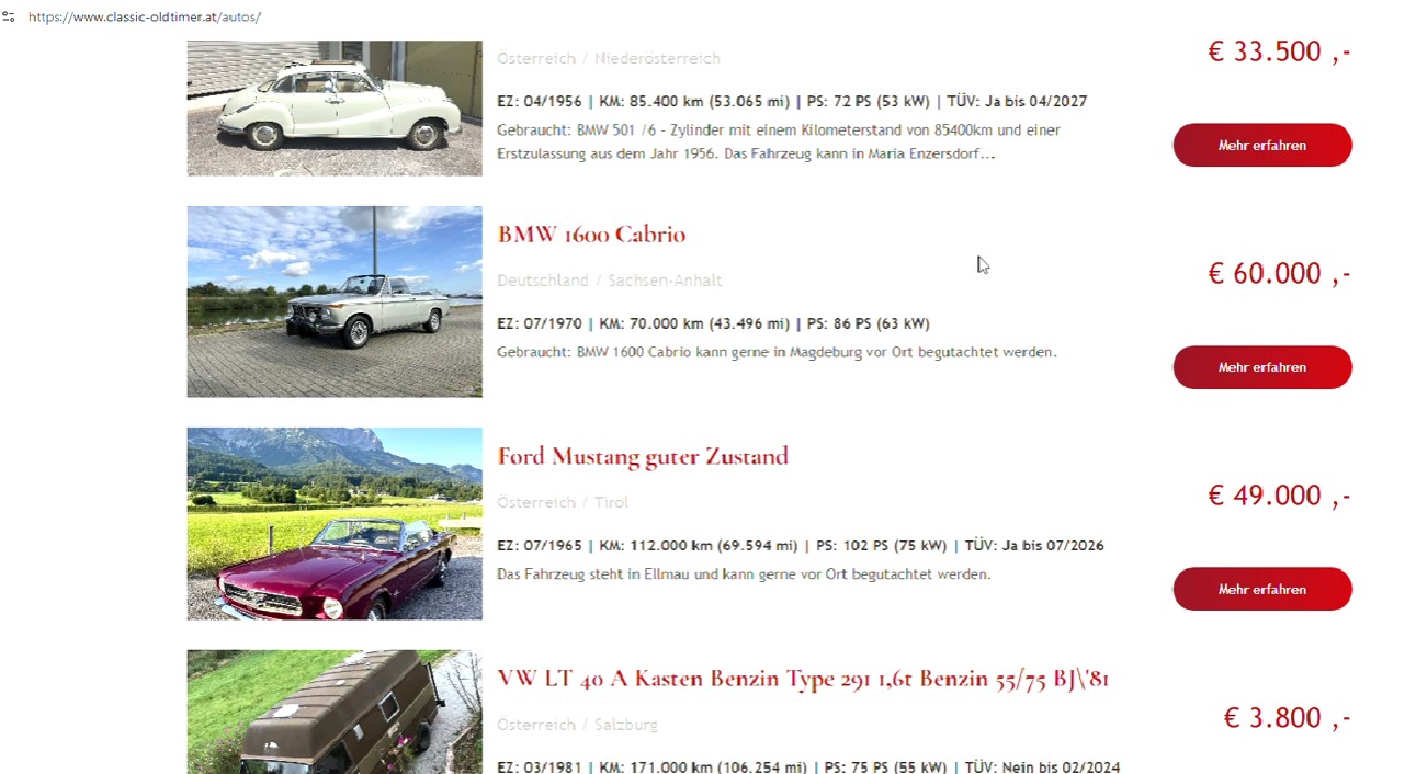 Oldtimer Autos kaufen und verkaufen aus Deutschland, Österreich, Schweiz oder der EU und USA.