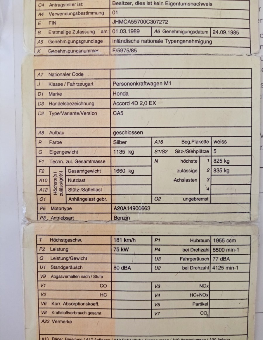 Honda Accord 4D, 2.0 EX Limousine gut erhalten Baujahr BJ 03/1989