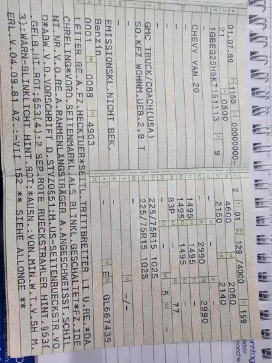 Chevrolet Chevy Van GMC Truck Baujahr BJ 07/1989