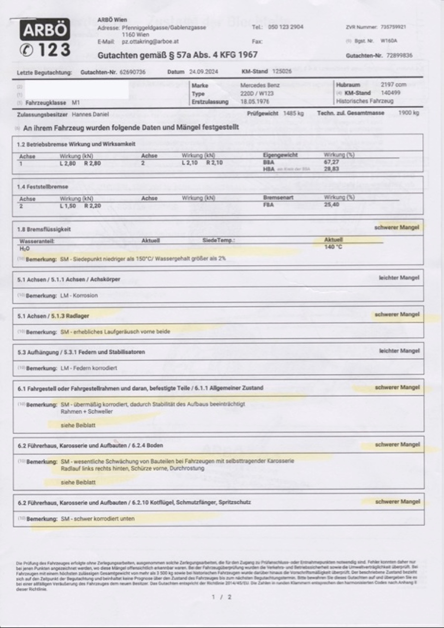 Mercedes 220D Baujahr BJ 05/1976
