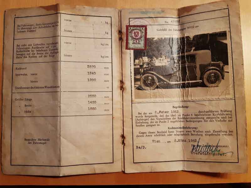 Fahrzeugbrief Einzelgenehmigungsbescheid für TATRA 57 Bj 1932 Baujahr BJ -
