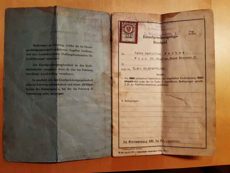 Fahrzeugbrief Einzelgenehmigungsbescheid für TATRA 57 Bj 1932 Baujahr BJ -