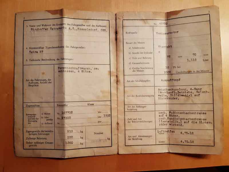 Fahrzeugbrief Einzelgenehmigungsbescheid für TATRA 57 Bj 1932 Baujahr BJ -