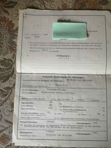 Typenschein Ford Taunus 17M Baujahr 1964 Baujahr BJ -